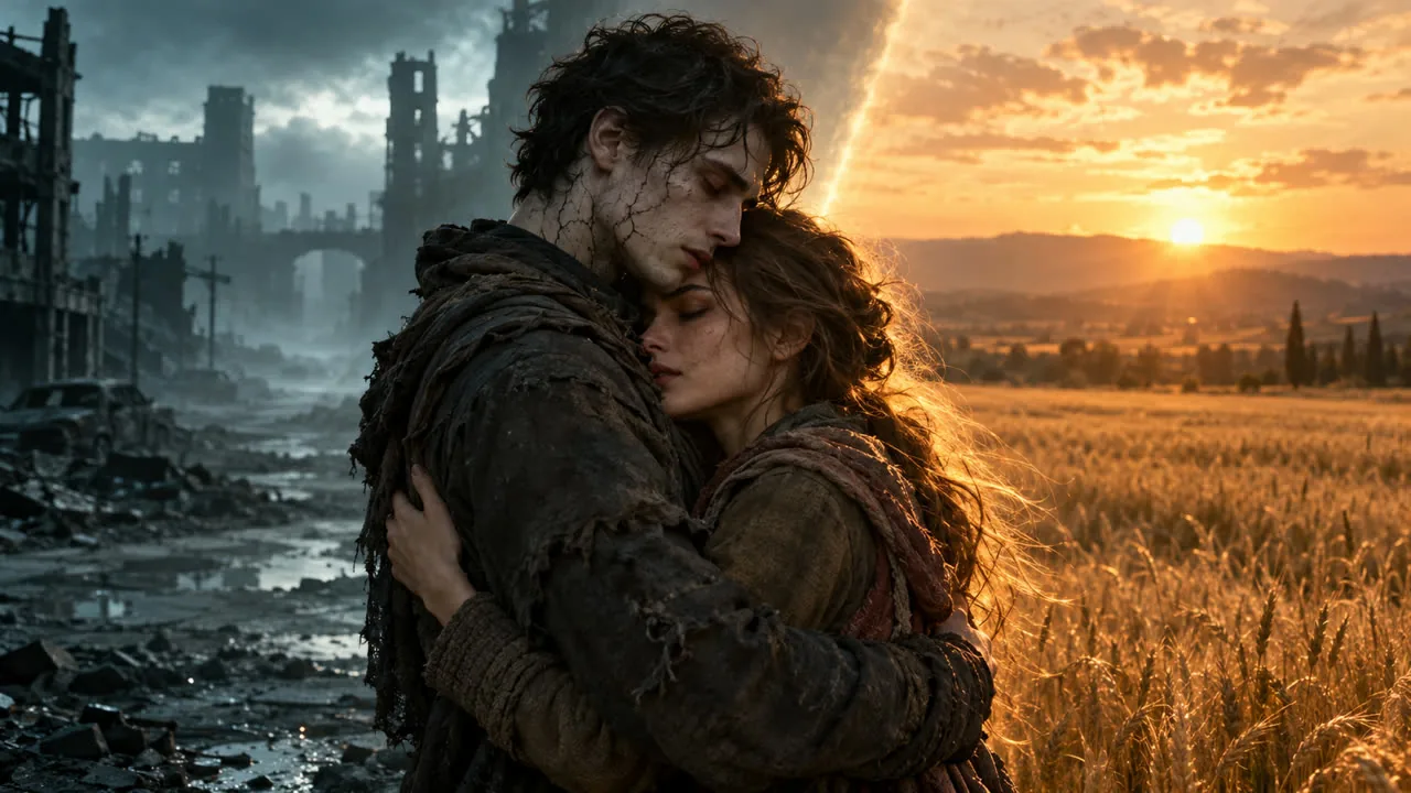 A couple embracing at the seam between a cold ruined street and a warm golden wheat field