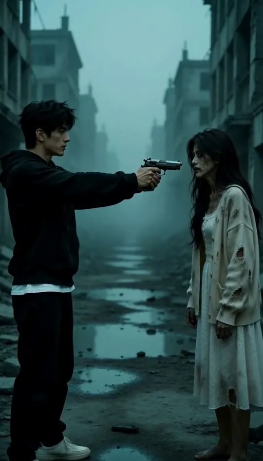 The survivor aims a pistol at the zombie partner in a foggy ruined street