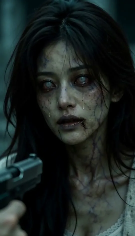 Close-up of the zombie partner’s face with clouded eyes and a tear