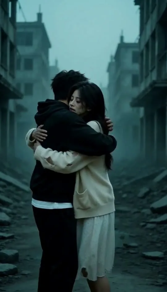 The survivor and the zombie partner embracing in the ruins
