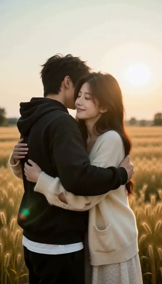 The same couple embracing and smiling in a golden wheat field